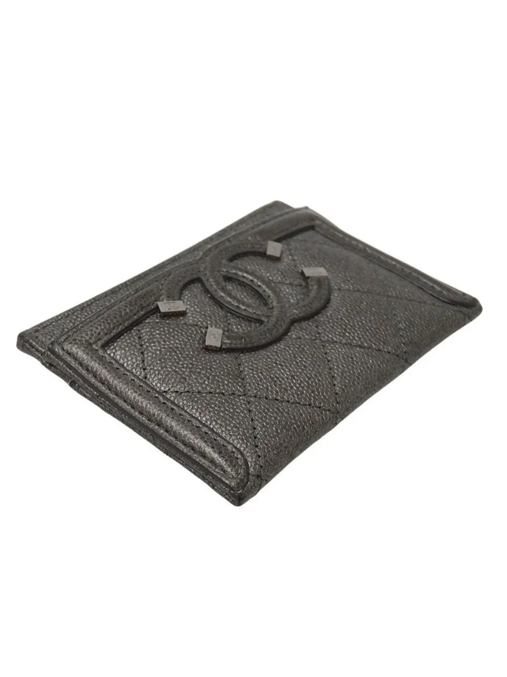 Chanel Card Case Quilted CC Filigree Caviar Leather Gray Silver Metallic