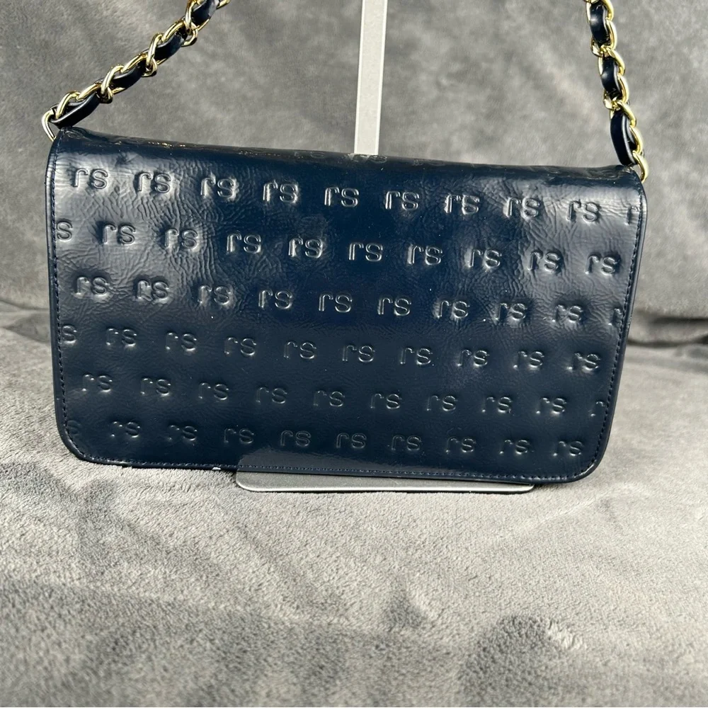 St. John Navy Blue Patent Leather Embossed SJ Monogram Chain Shoulder Bag