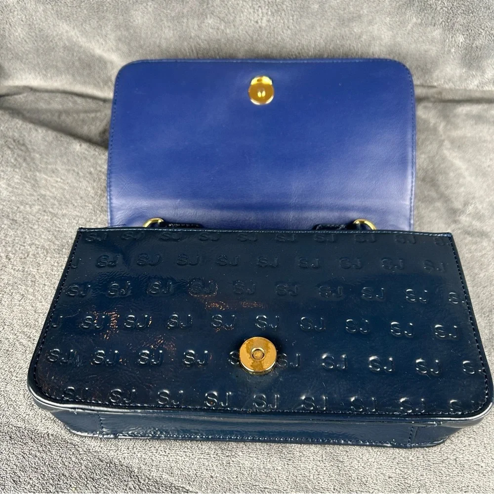 St. John Navy Blue Patent Leather Embossed SJ Monogram Chain Shoulder Bag