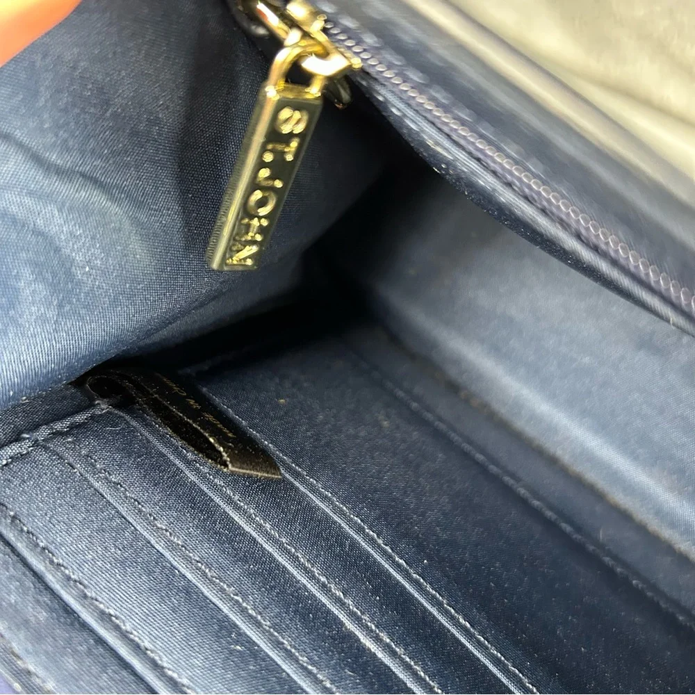 St. John Navy Blue Patent Leather Embossed SJ Monogram Chain Shoulder Bag
