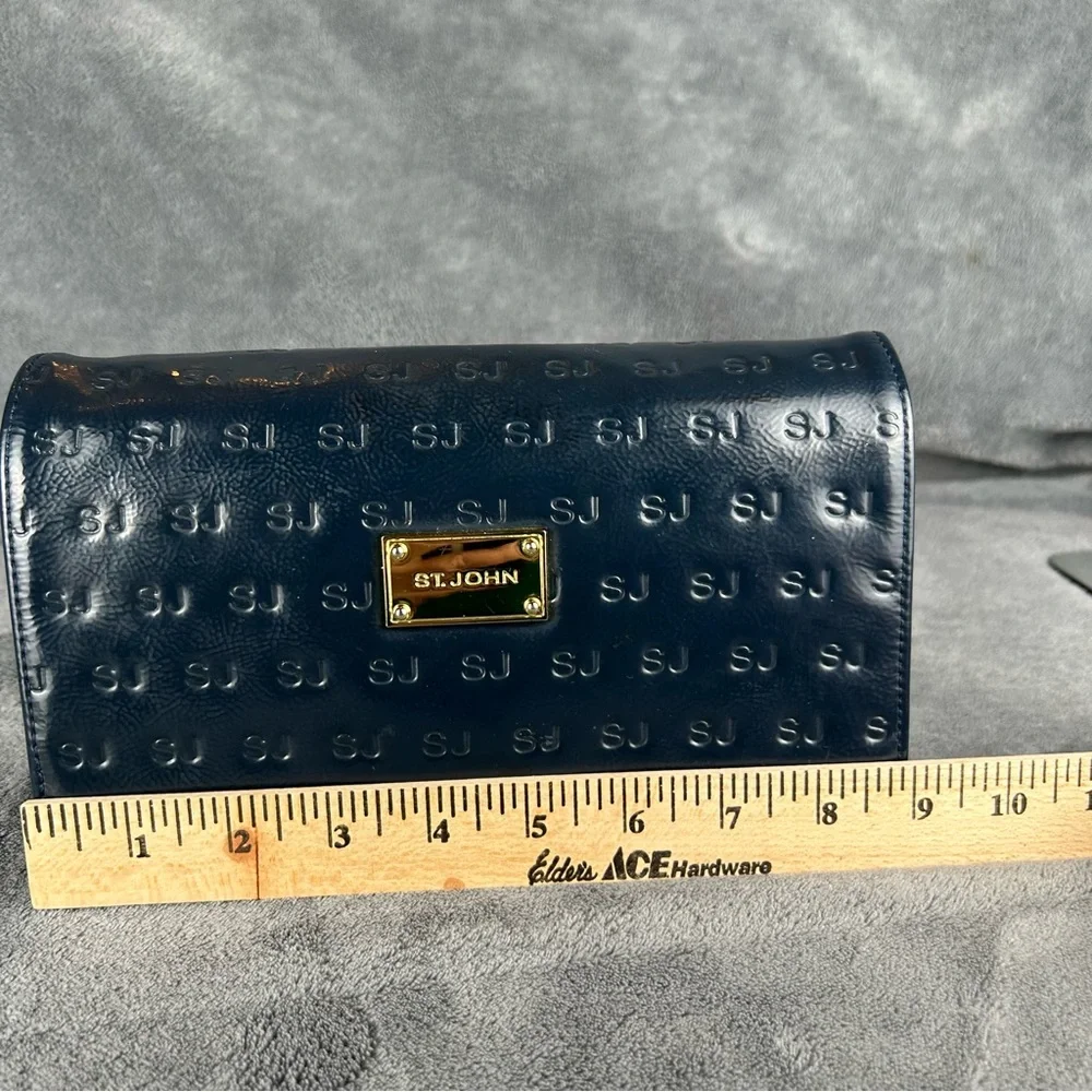 St. John Navy Blue Patent Leather Embossed SJ Monogram Chain Shoulder Bag