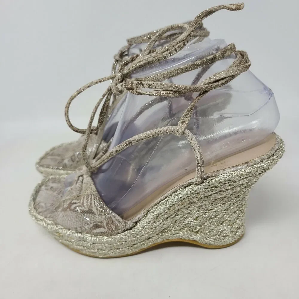 Stuart Weitzman Gold Snake Espadrille Wedge Heel Women's 8 Leg Tie Lace Up Shoes