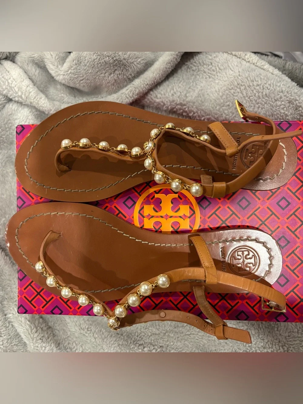 Tory Burch Tan Emmy Pearl Calf Leather Sandals