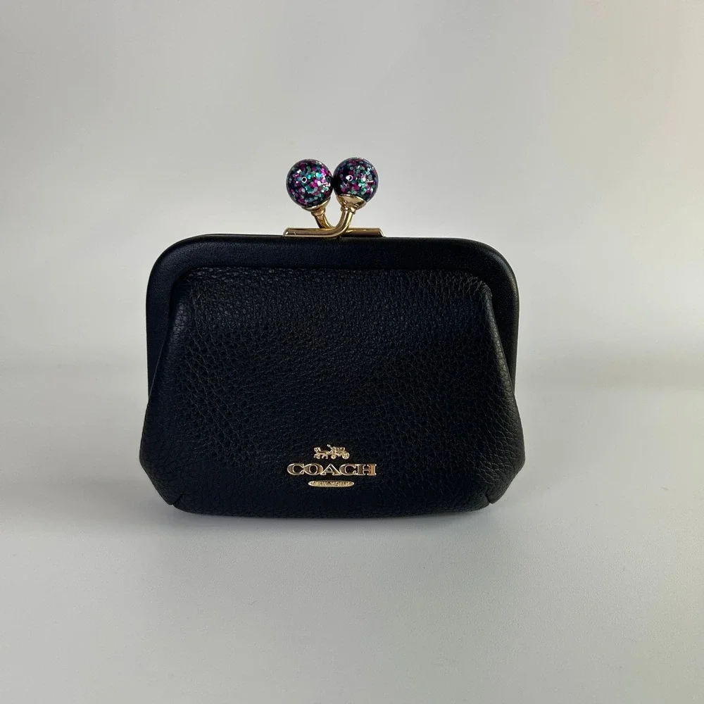 Coach Nora Kisslock Black Pebbled Leather Card Case C2132 NEW