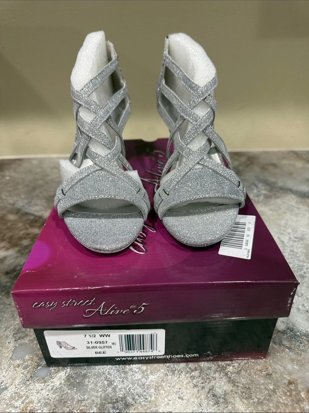 easy street Silver Glitter Strappy Open-Toe Heels