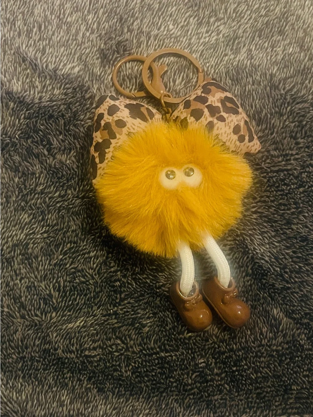 Fuzzy Pom Pom Keychain with Leopard Bow and Cute Eyes