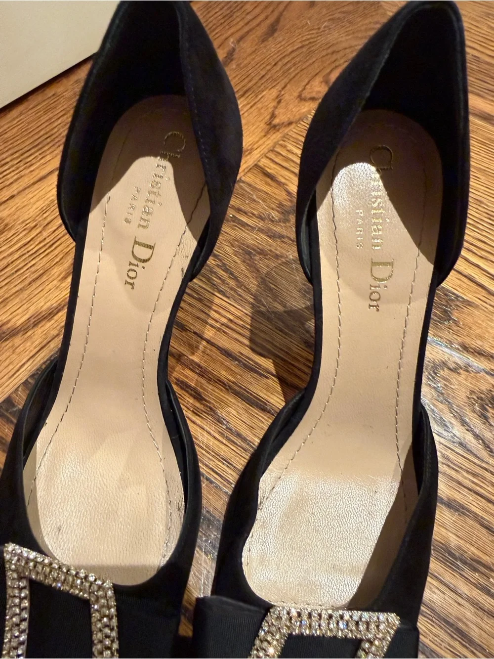 Dior Black Satin D’Orsay Pumps with Crystal Buckle