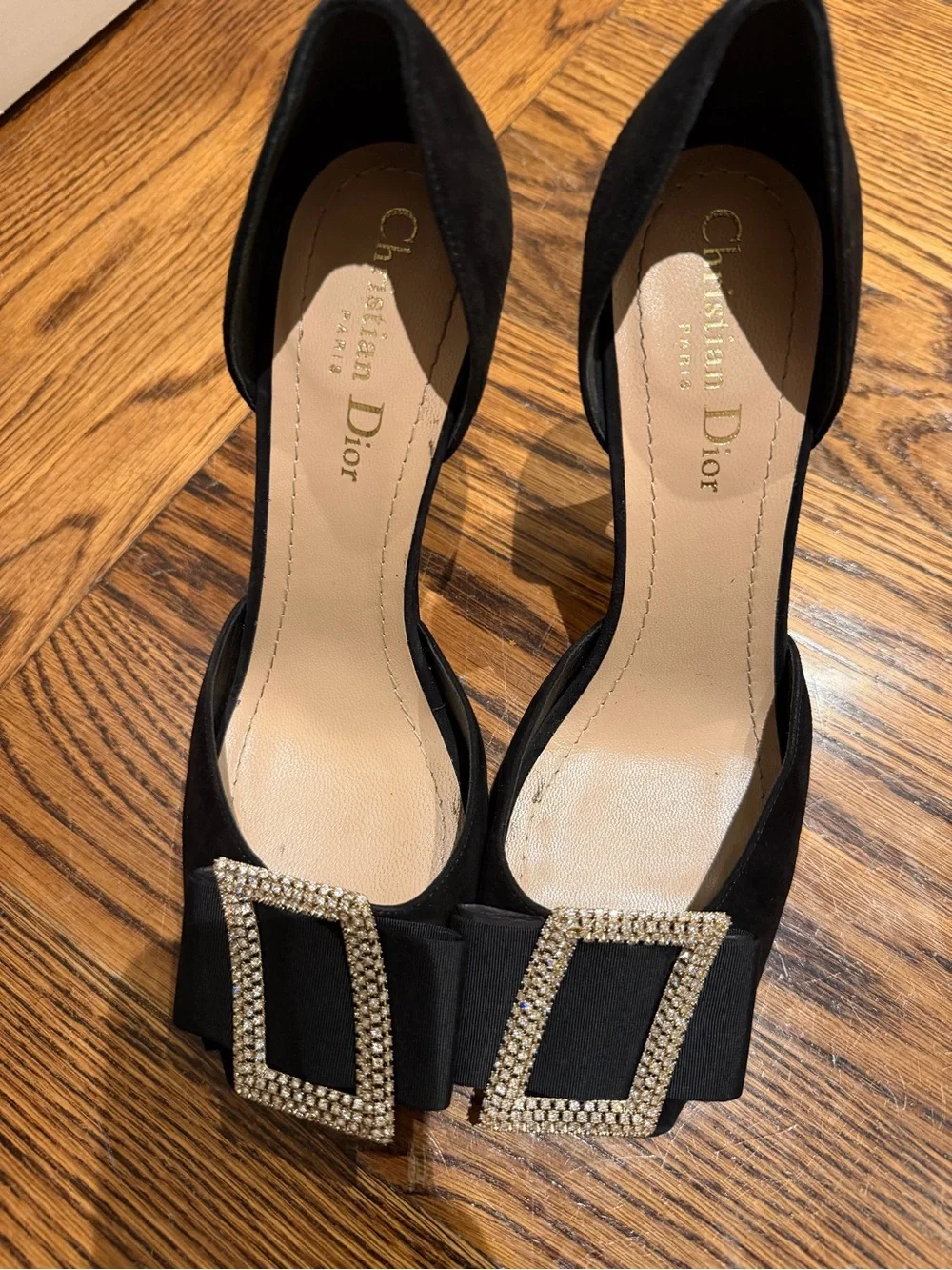 Dior Black Satin D’Orsay Pumps with Crystal Buckle