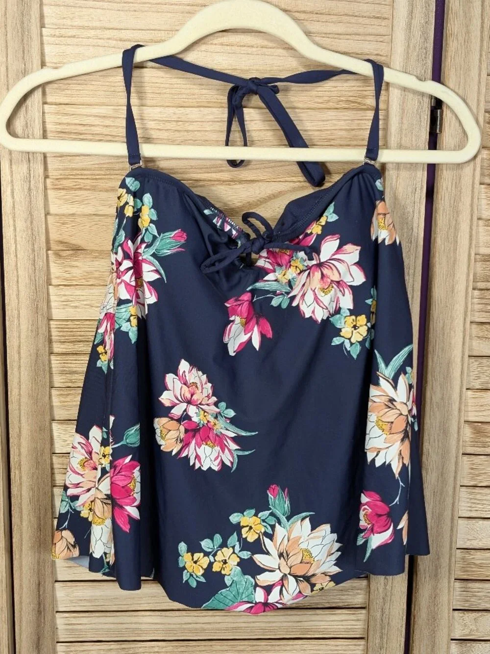Kona Sol Navy Floral Halter Tankini Top - Pink & Yellow Blooms Size Medium