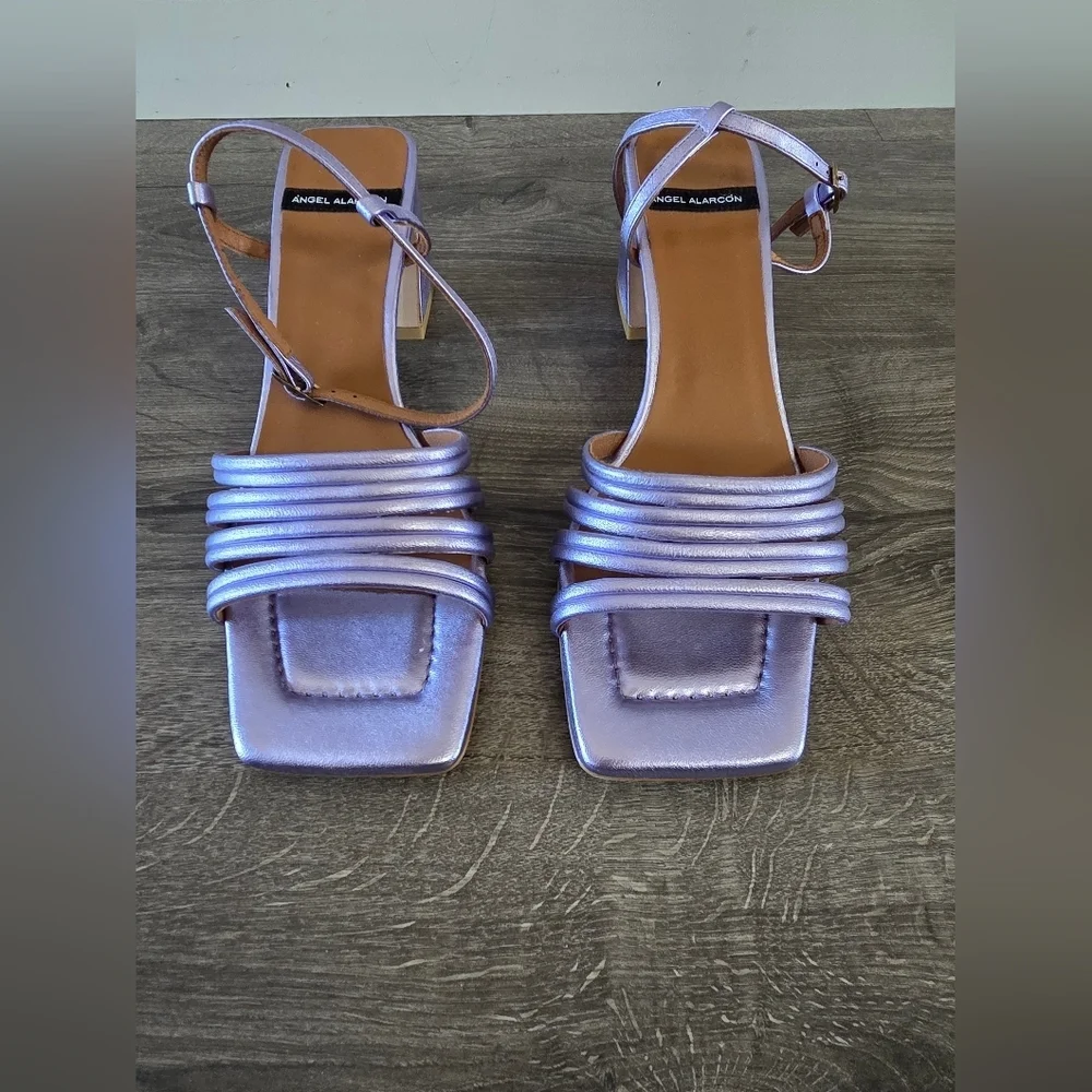 Metallic Lavender Strappy Block Heel Sandals