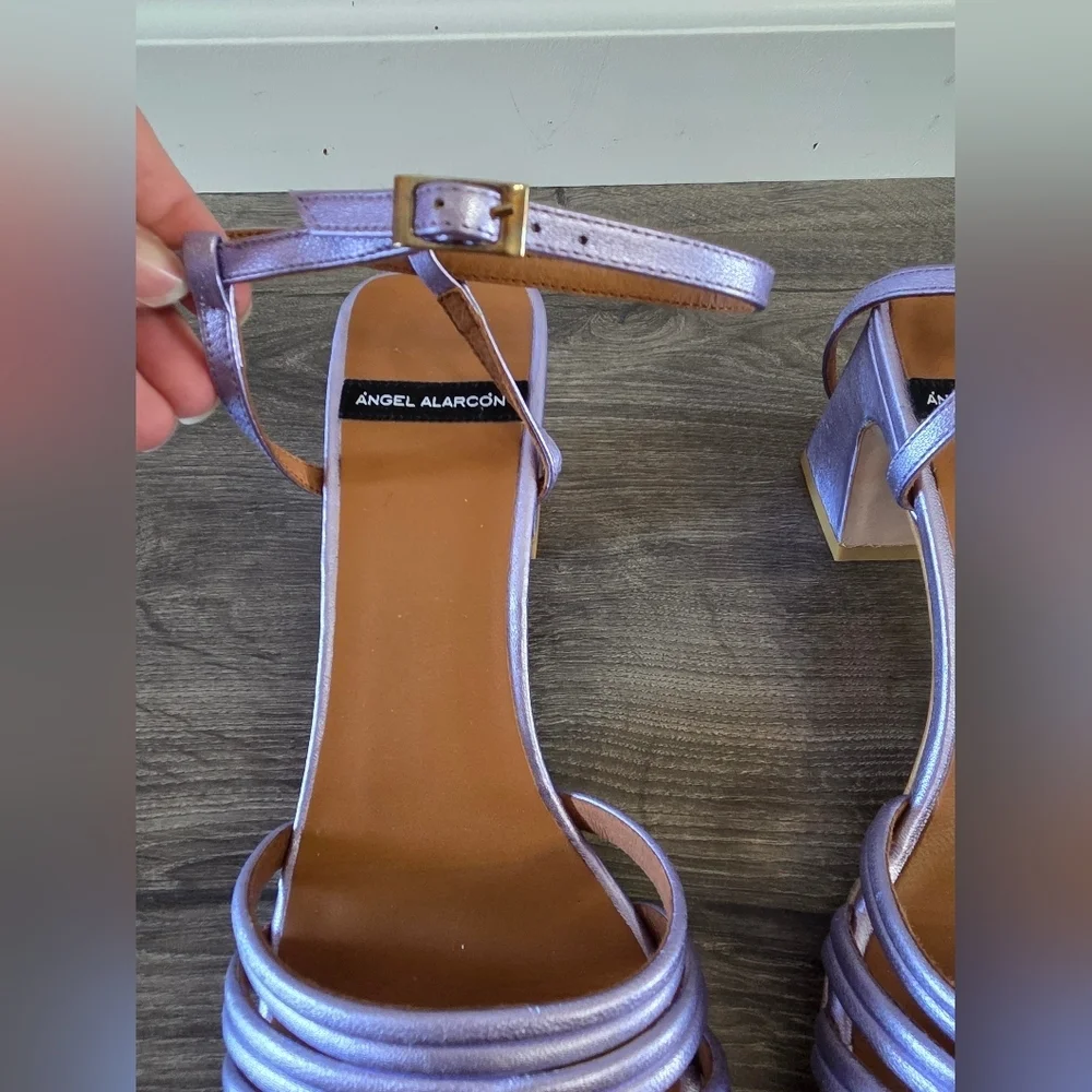 Metallic Lavender Strappy Block Heel Sandals