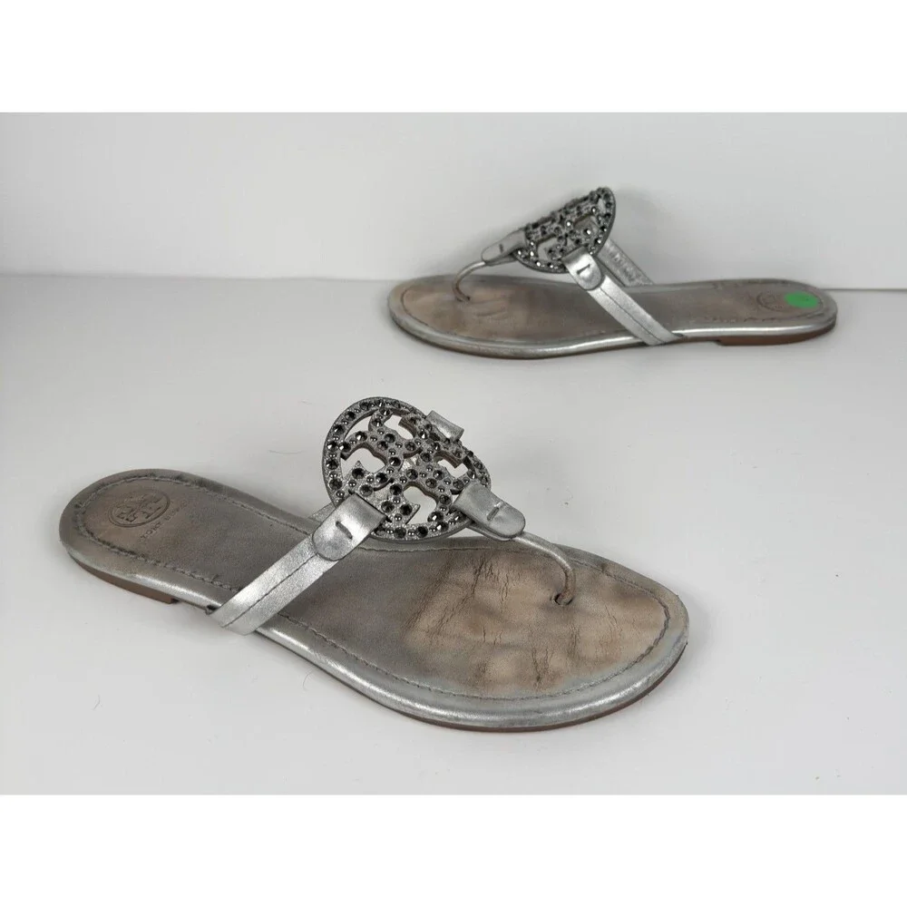 Tory Burch Miller Embellished Silver Women's Sandals Size US 10