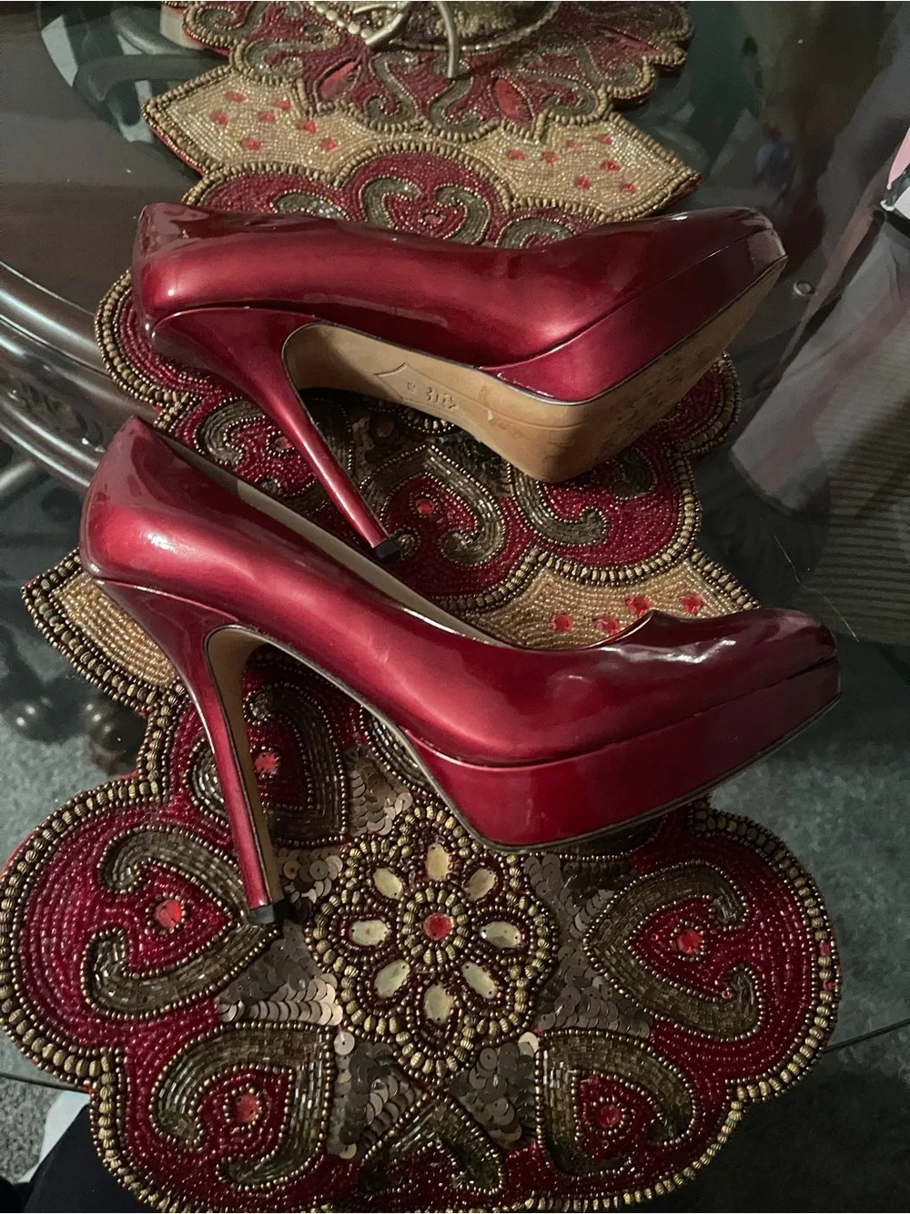 Joan & David Burgundy Patent Platform Pumps