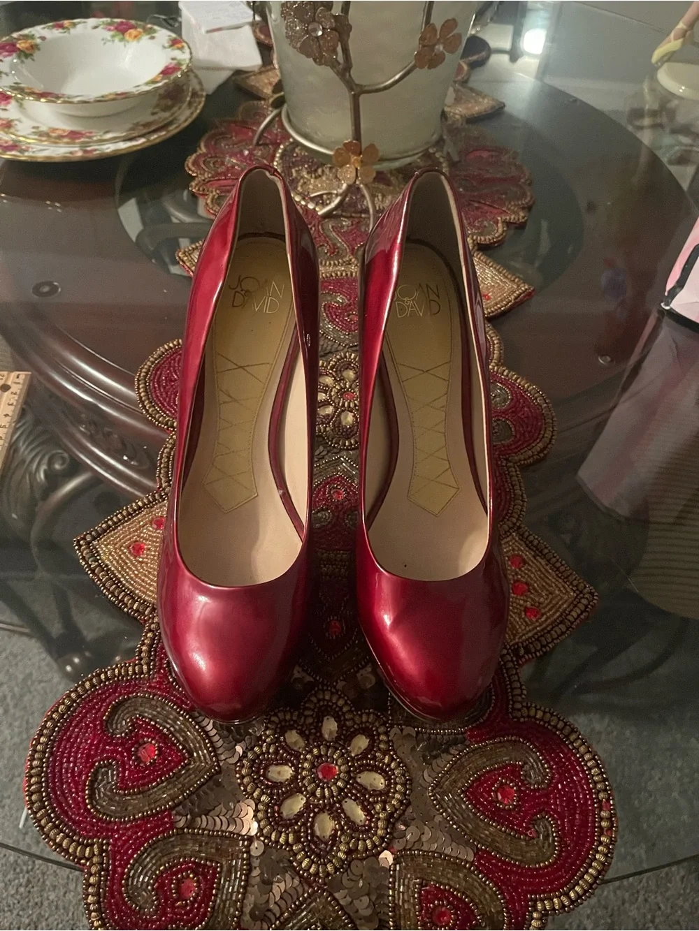 Joan & David Burgundy Patent Platform Pumps