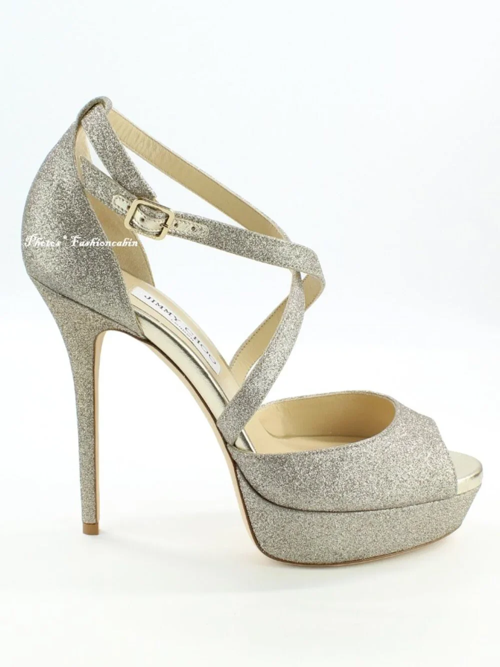 NEW JIMMY CHOO Jenique 125 Glittered Platform Sandals, EU 41, Platinum Ice