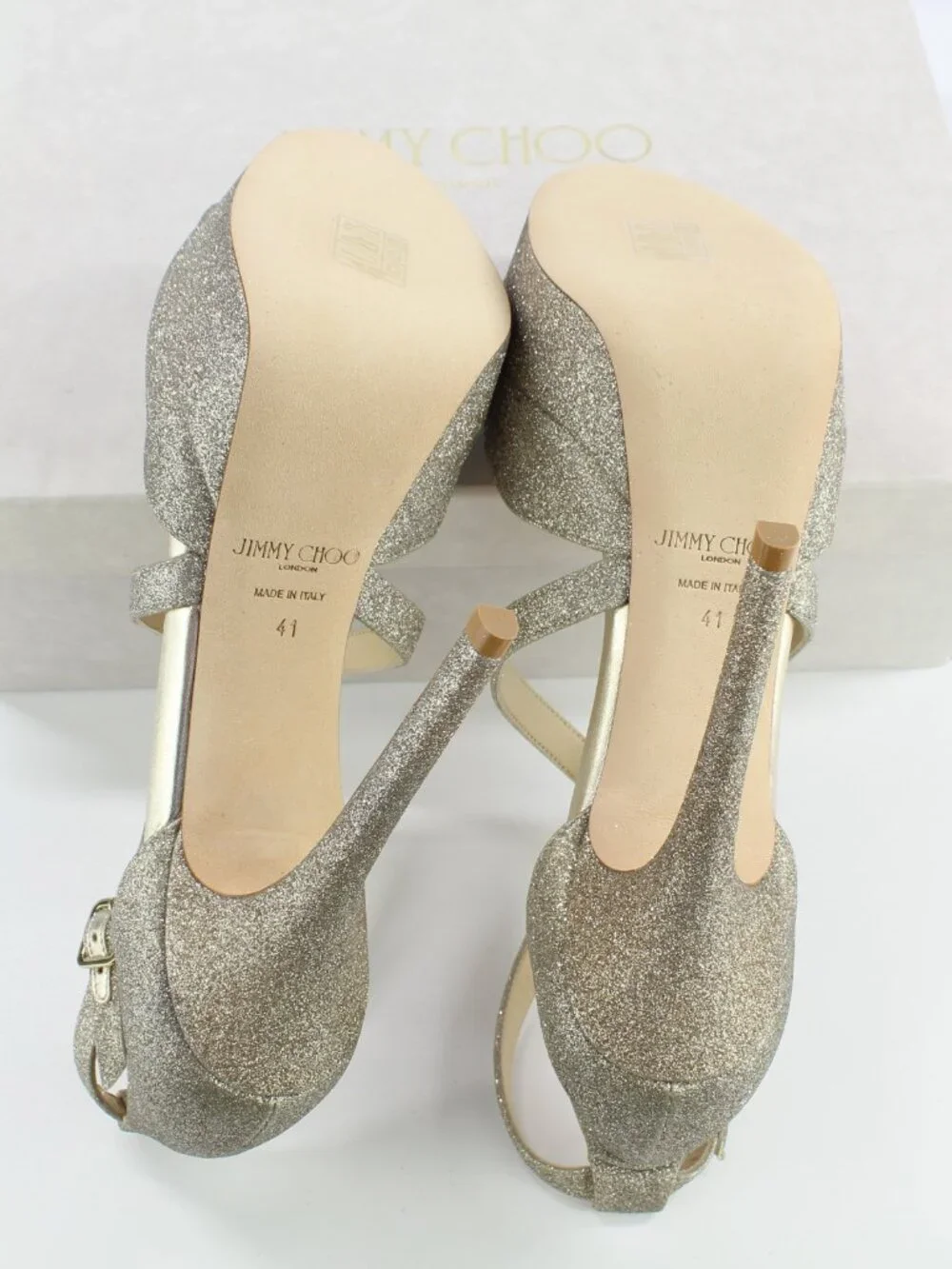 NEW JIMMY CHOO Jenique 125 Glittered Platform Sandals, EU 41, Platinum Ice