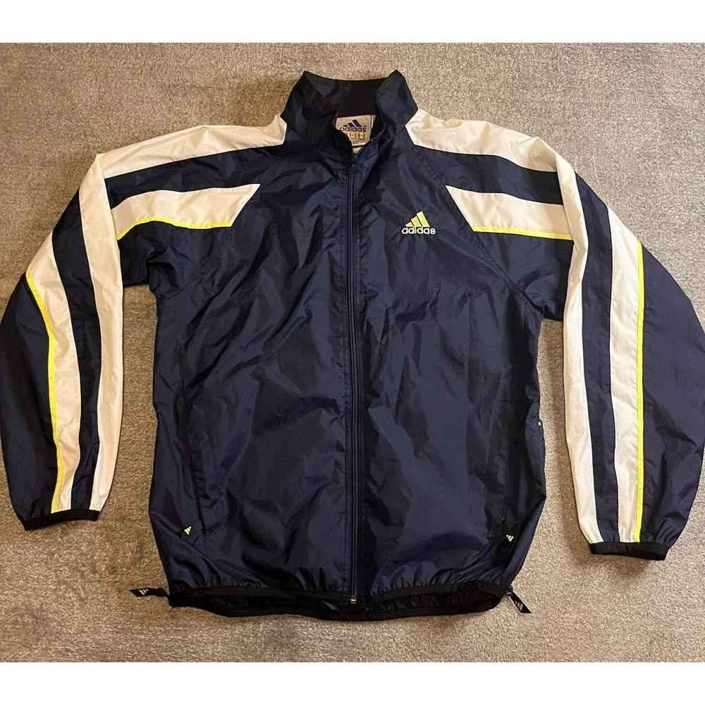 Adidas, Full Zip, Windbreaker Jacket, Navy Blue w/yellow Logo Athletic EUC A2-20