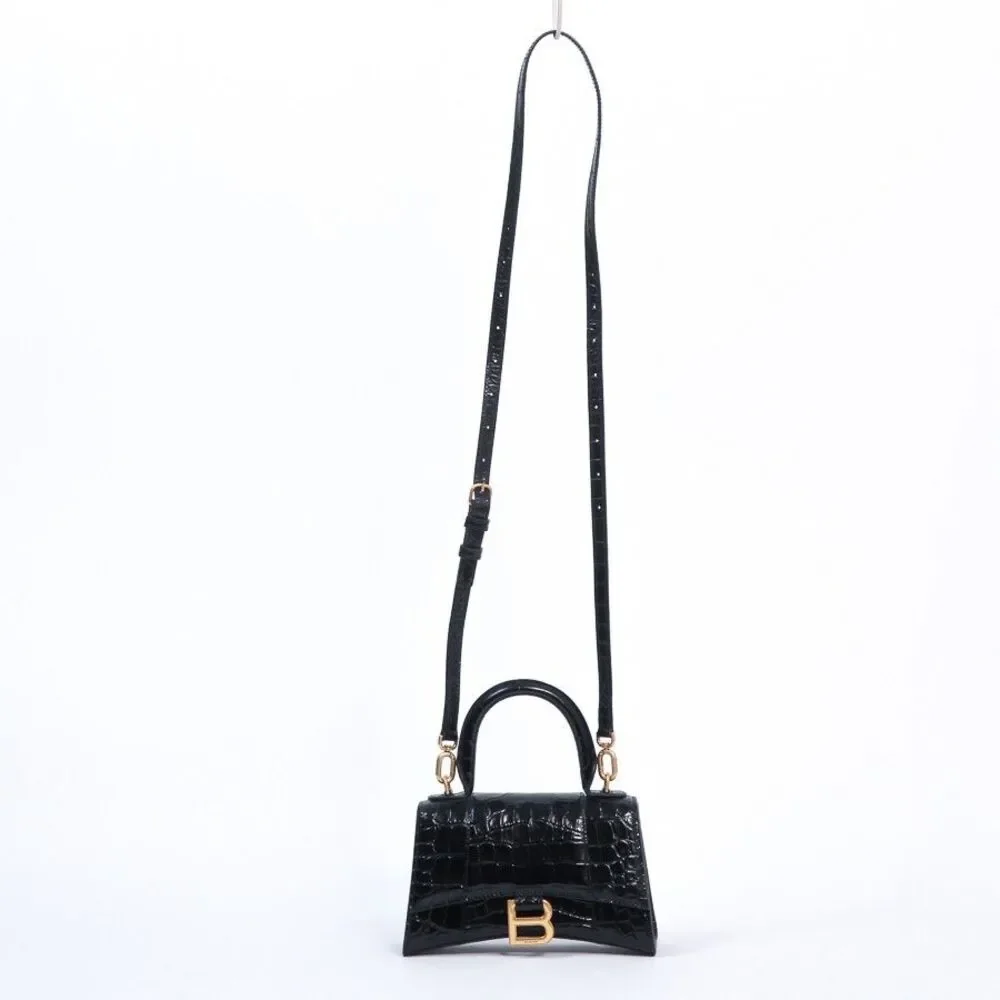Balenciaga Hourglass XS Black Croc-Embossed Calfskin Top Handle Crossbody Bag