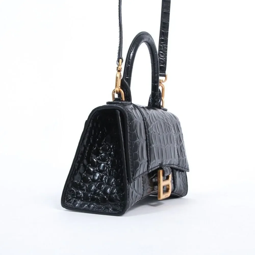 Balenciaga Hourglass XS Black Croc-Embossed Calfskin Top Handle Crossbody Bag