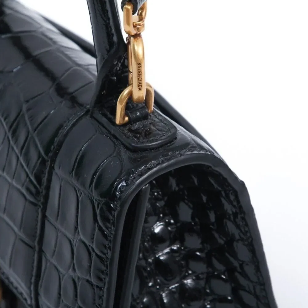 Balenciaga Hourglass XS Black Croc-Embossed Calfskin Top Handle Crossbody Bag