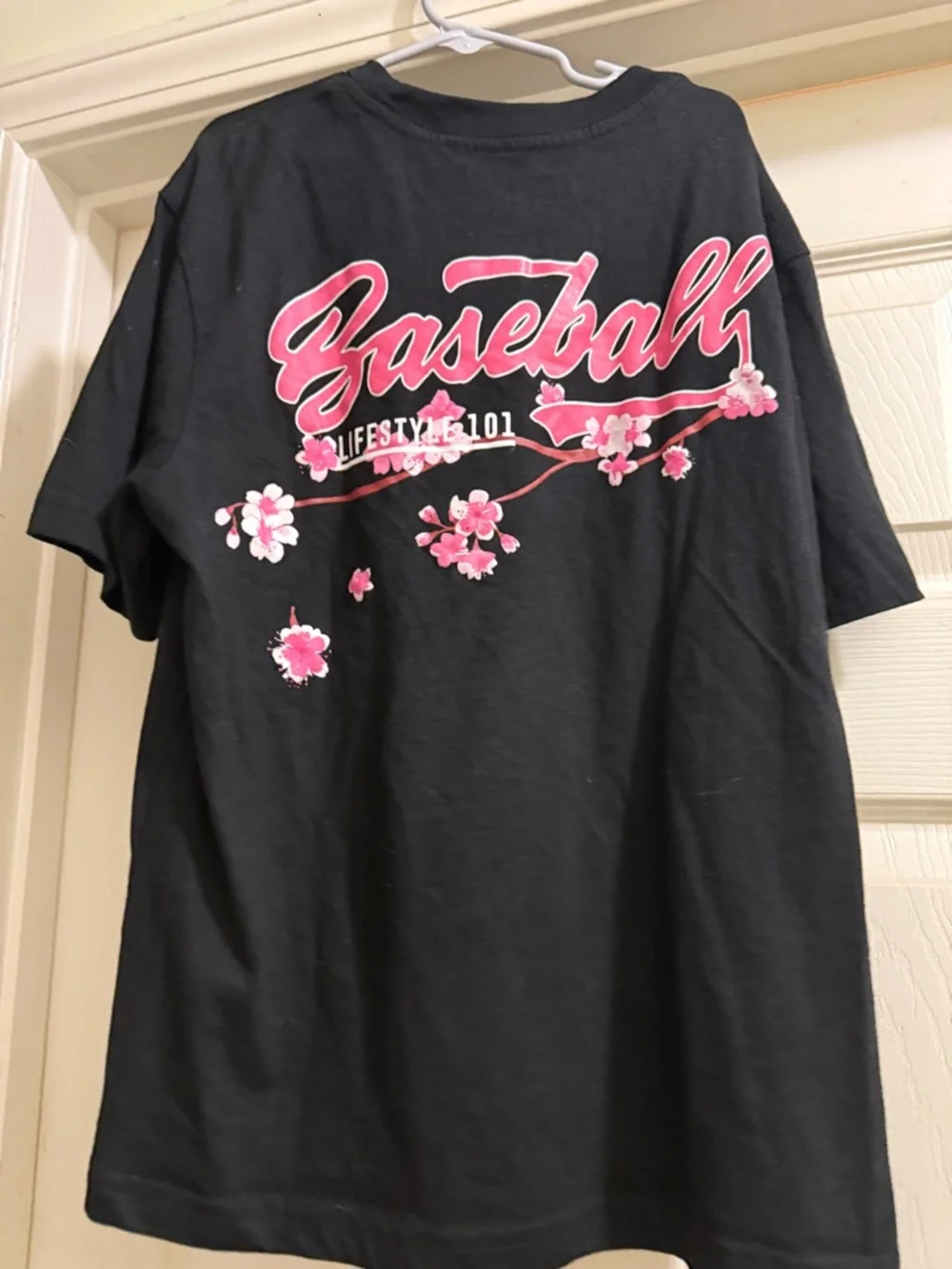 Baseball Lifestyle Kids' Black Tee with Pink Cherry Blossom Graphic