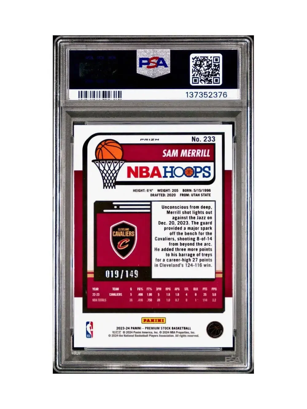 Sam Merrill 2023 Panini Hoops Premium #233 19/149 Red Disco Prizm PSA 9 Mint