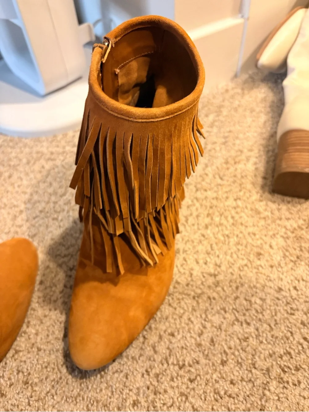 Gianni Bini Brown Suede Fringe High Heel Ankle Booties with Gold Chains