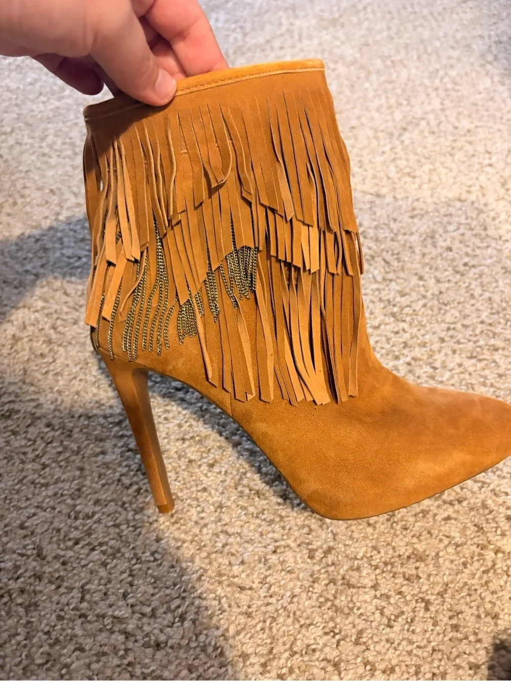 Gianni Bini Brown Suede Fringe High Heel Ankle Booties with Gold Chains