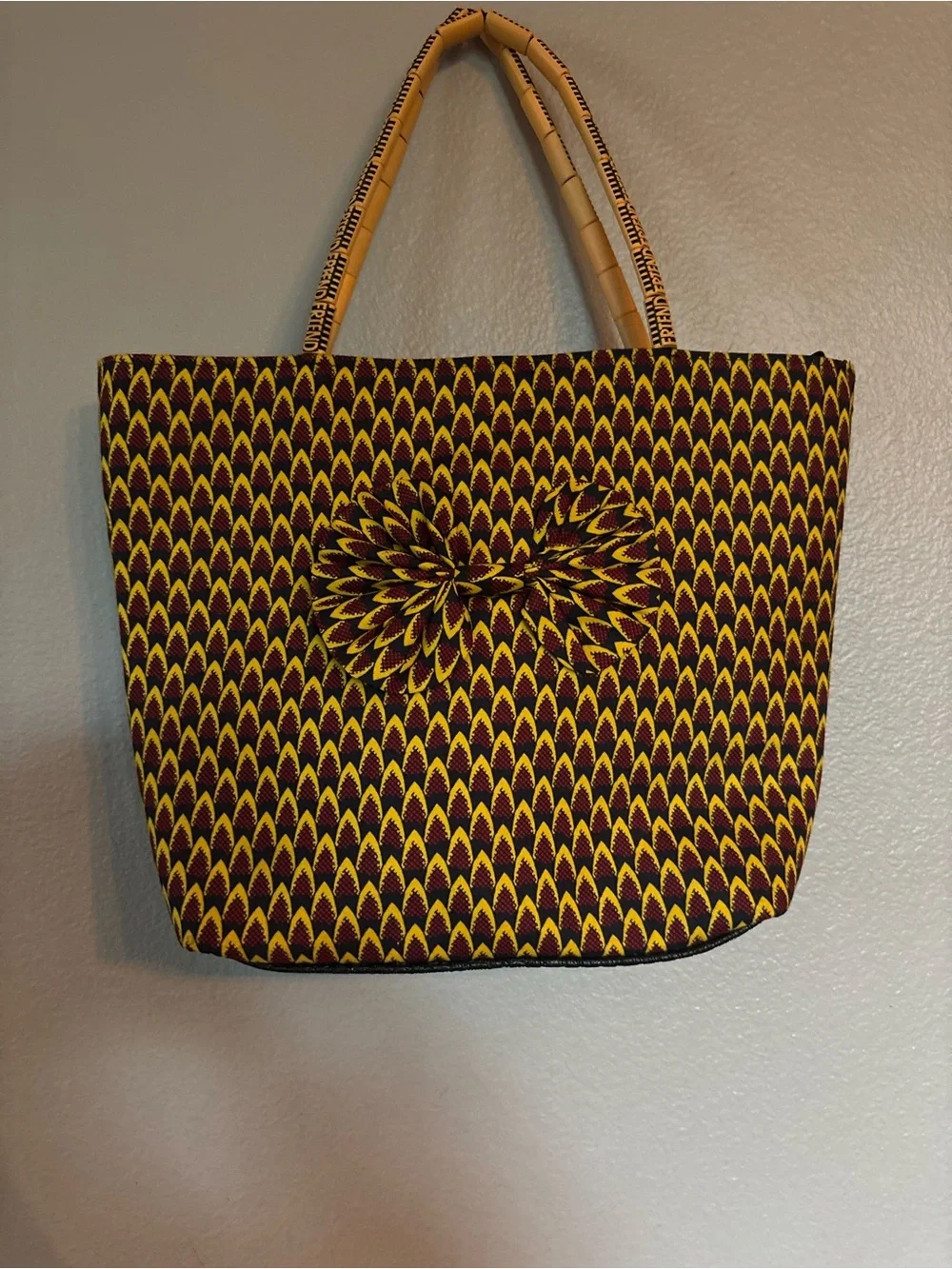 Printed Yellow & Maroon Tote Bag with Decorative Bow