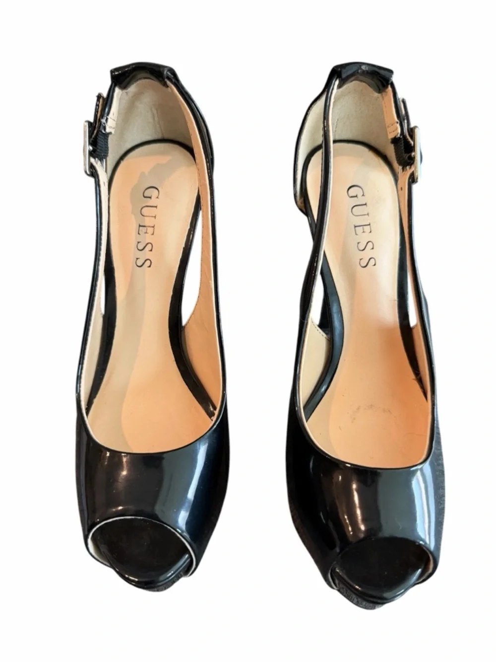 GUESS Black Patent Peep-Toe Slingback Platform Heels