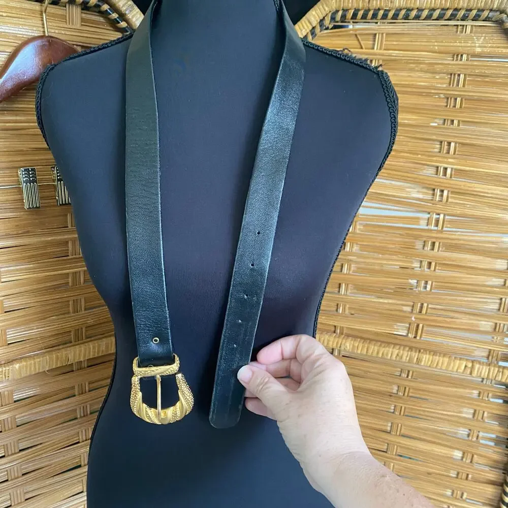 Salena’s Collection Black Leather Belt w/ Textured Gold Buckle, Western Boho