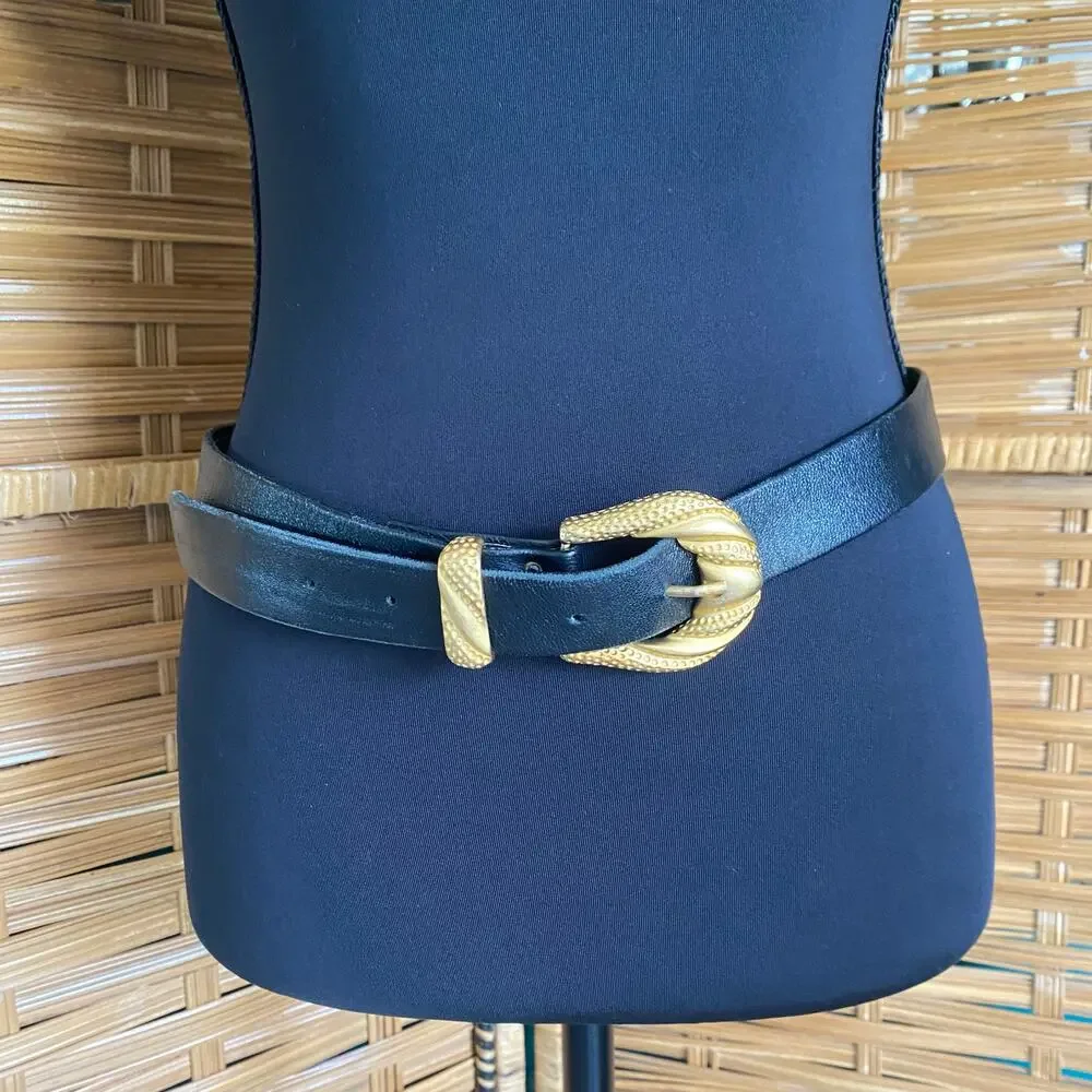 Salena’s Collection Black Leather Belt w/ Textured Gold Buckle, Western Boho