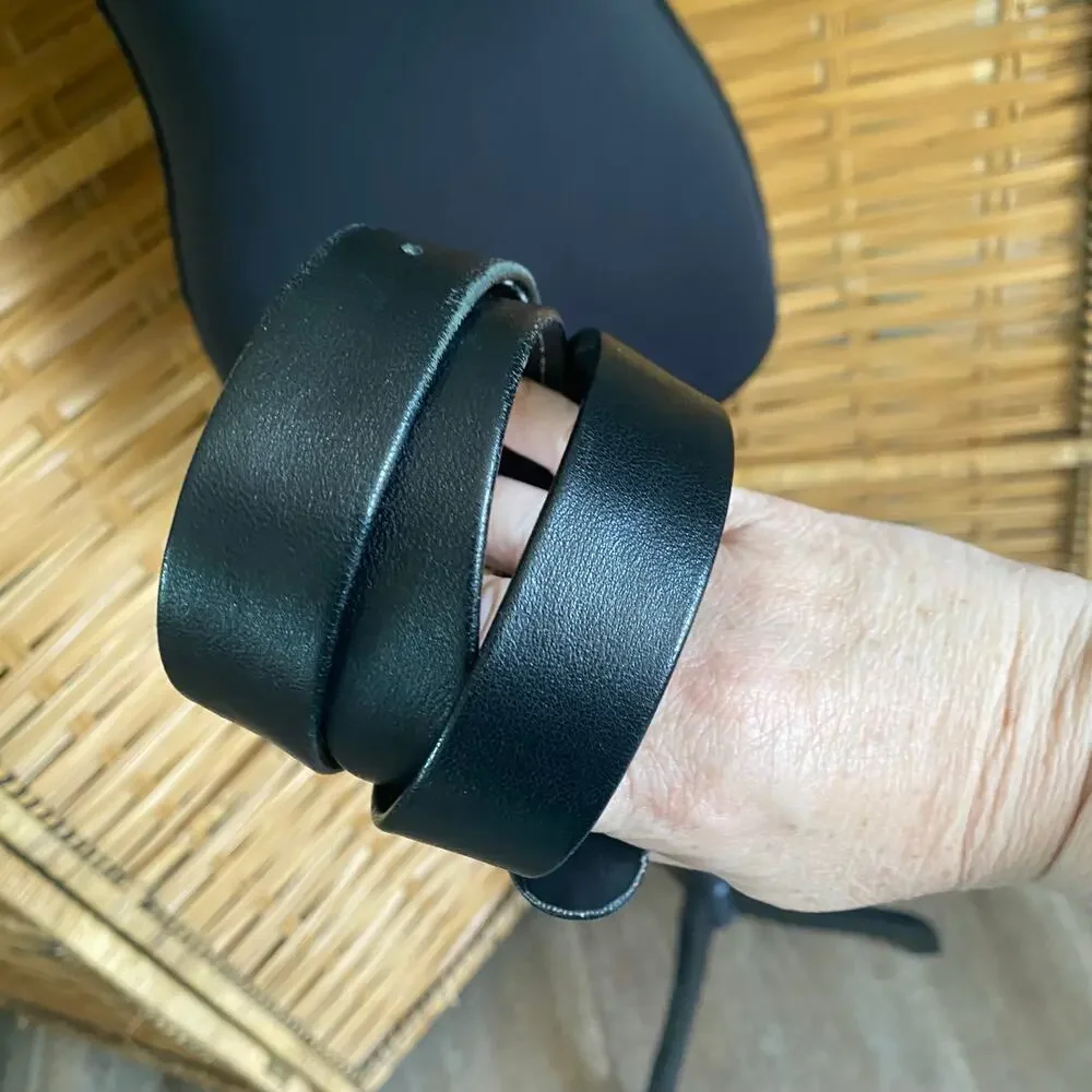 Salena’s Collection Black Leather Belt w/ Textured Gold Buckle, Western Boho