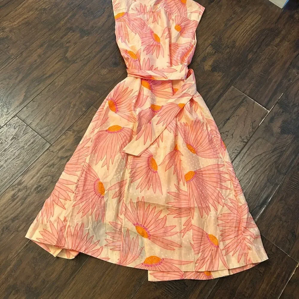 NWT $598 MSRP Falling Flower Jacquard Dress silk satin floral orange pink sz 0