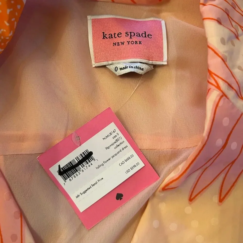NWT $598 MSRP Falling Flower Jacquard Dress silk satin floral orange pink sz 0