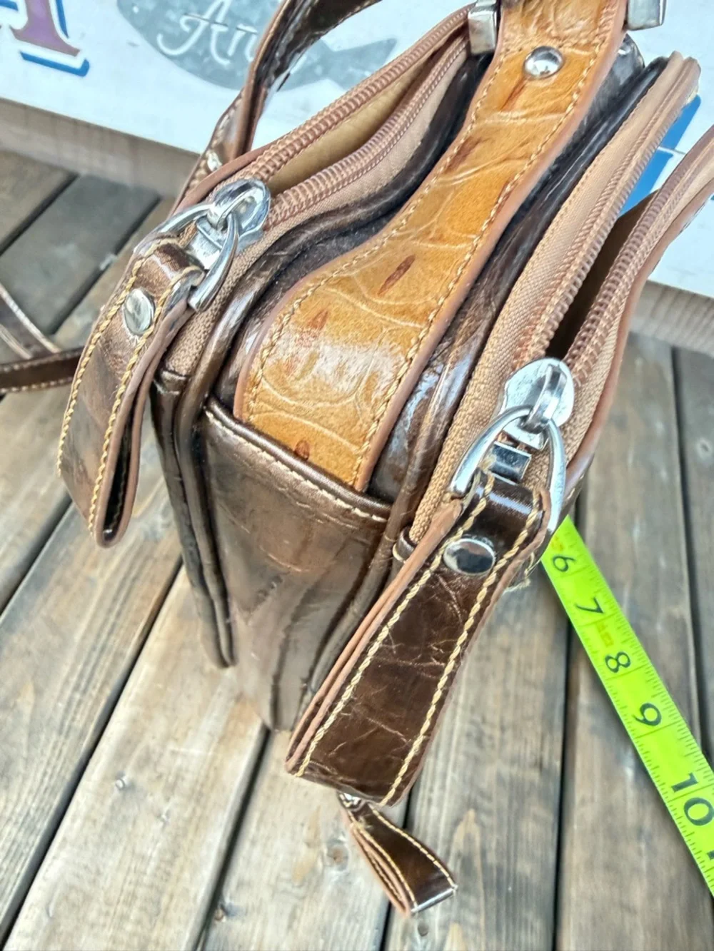 Marc Shantel Brown Faux Crocodile Embossed Crossbody Bag Silver Flap
