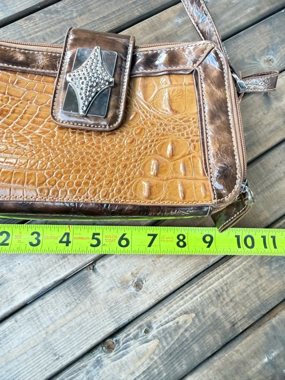 Marc Shantel Brown Faux Crocodile Embossed Crossbody Bag Silver Flap