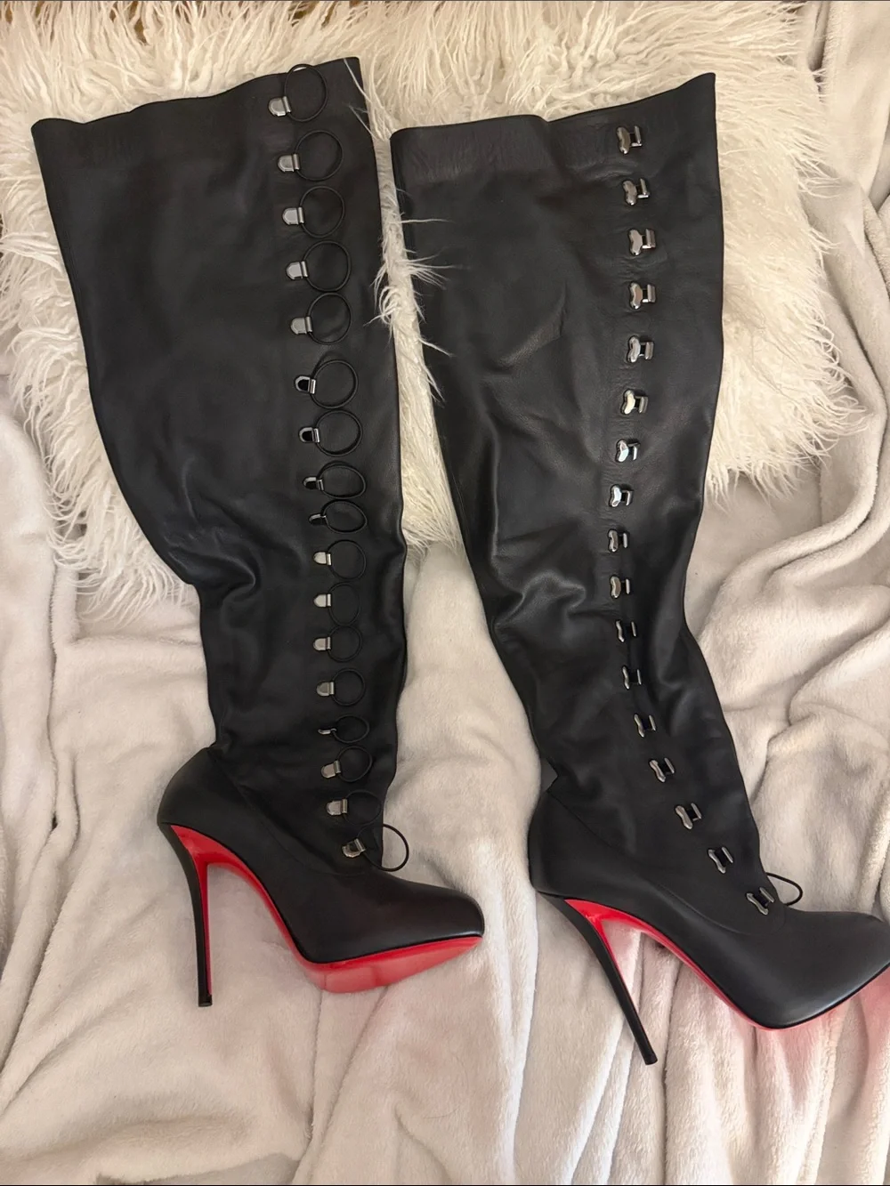 NEW Christian Louboutin Black Leather Over-the knee  Boots with Red Sole Size 41