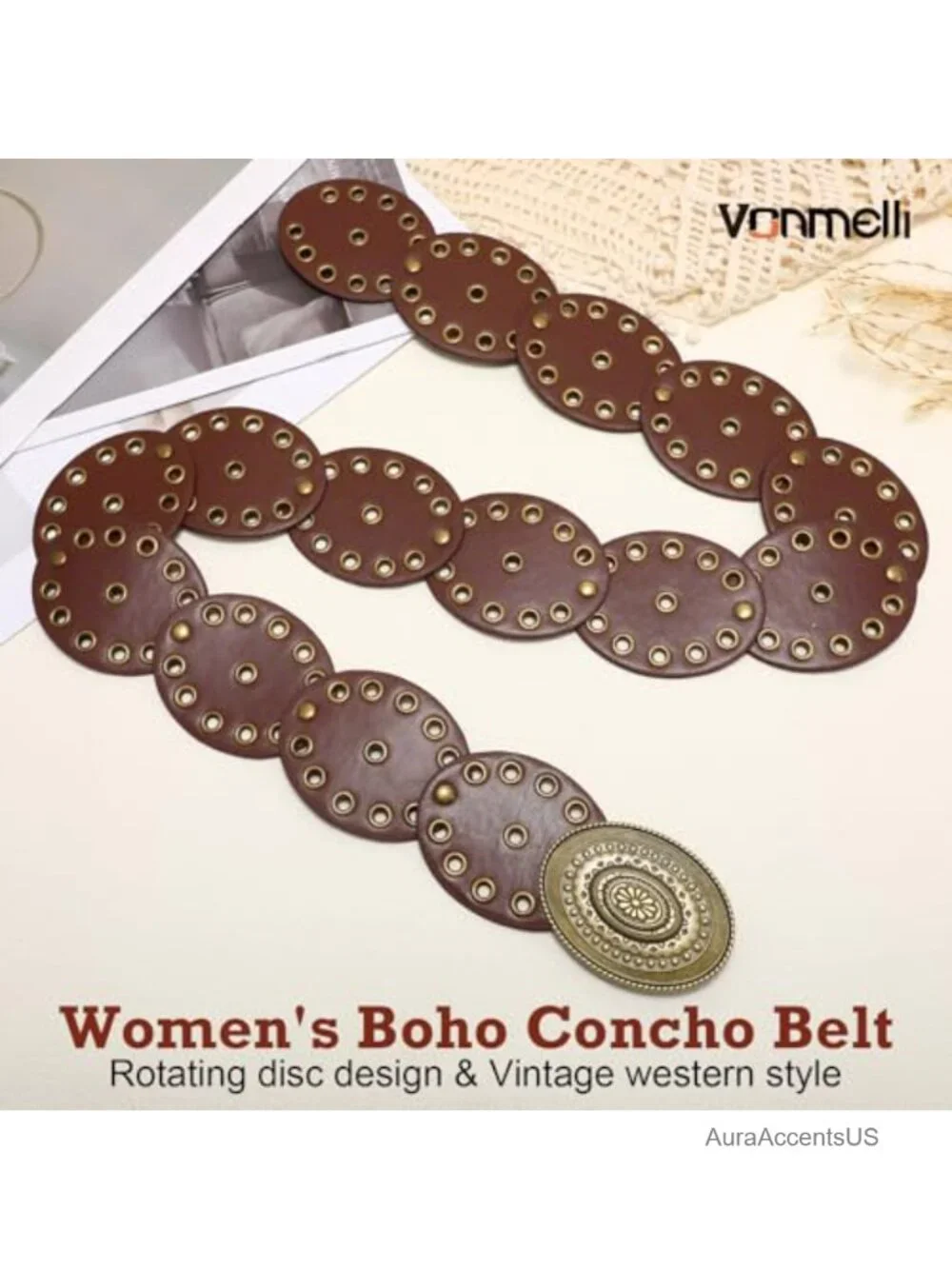 Western Disc Belt Cowgirl Concho Faux Leather Wide Boho Waist Belt Concert