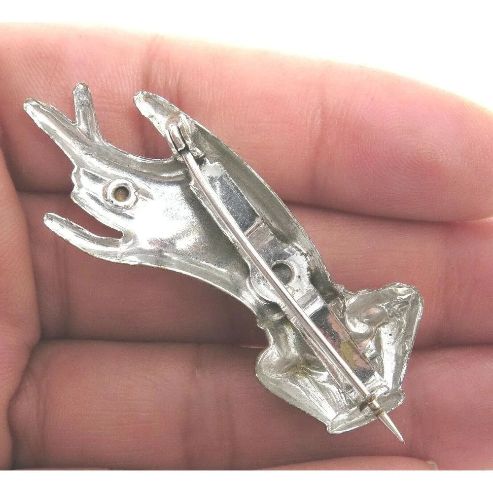 Vintage ART DECO Silver Plated HAND Brooch Figural Rhinestone Accent C-clasp PIN