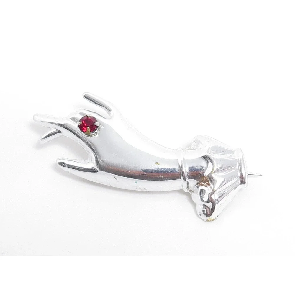 Vintage ART DECO Silver Plated HAND Brooch Figural Rhinestone Accent C-clasp PIN