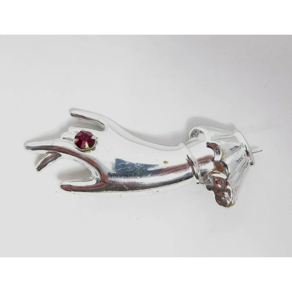 Vintage ART DECO Silver Plated HAND Brooch Figural Rhinestone Accent C-clasp PIN