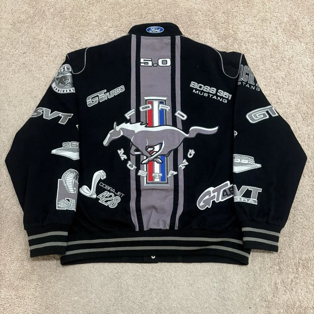 JH Design Ford Mustang Racing Jacket Men's XL Black Cotton SVTCobra Boss302