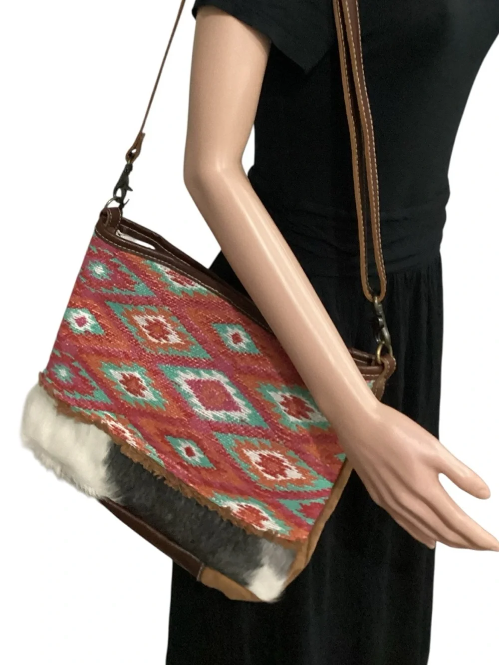 Myra Bag Rince Boho Aztec Crossbody Bag with Canvas Cowhide Leather Upcycled