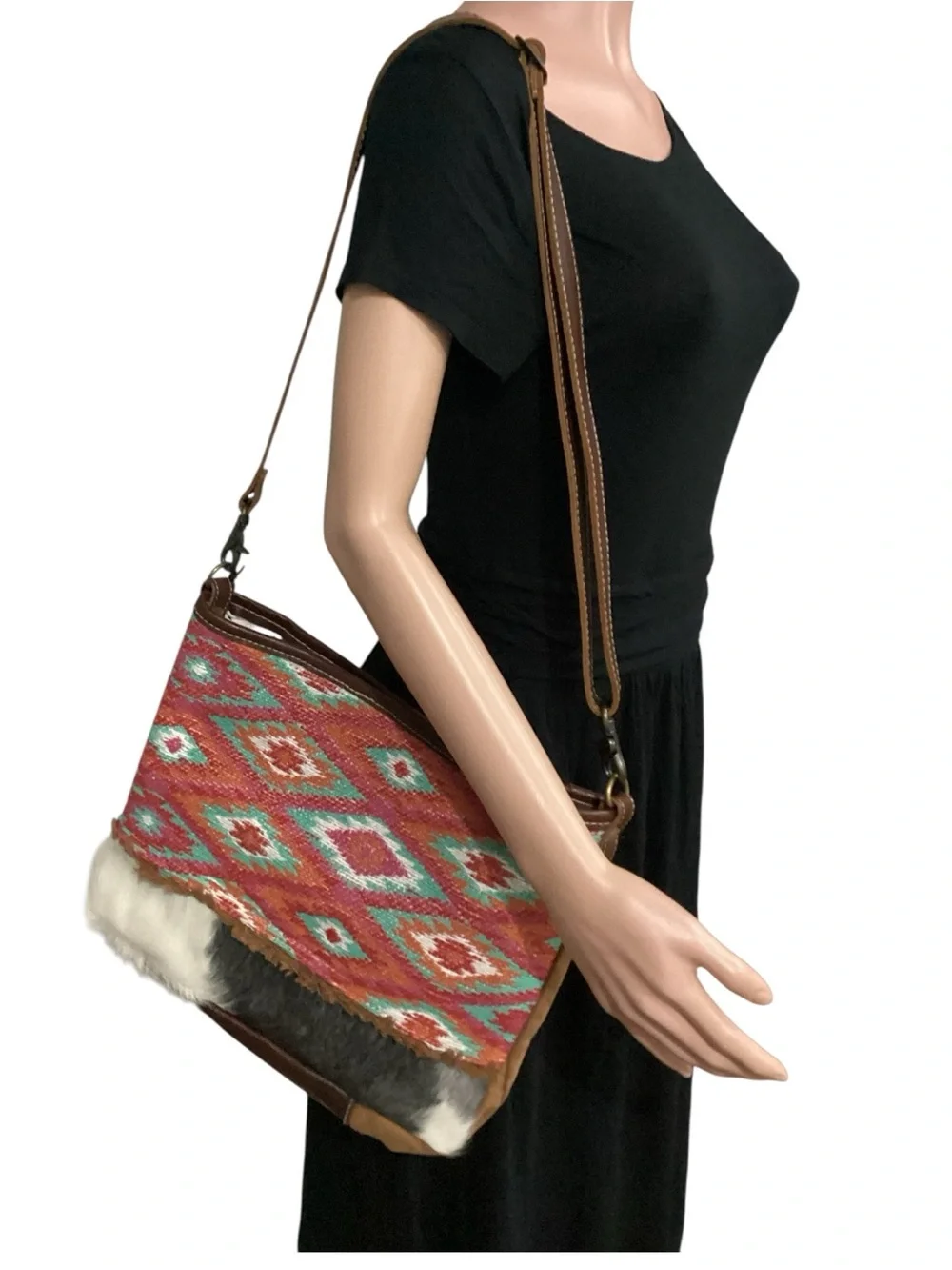 Myra Bag Rince Boho Aztec Crossbody Bag with Canvas Cowhide Leather Upcycled