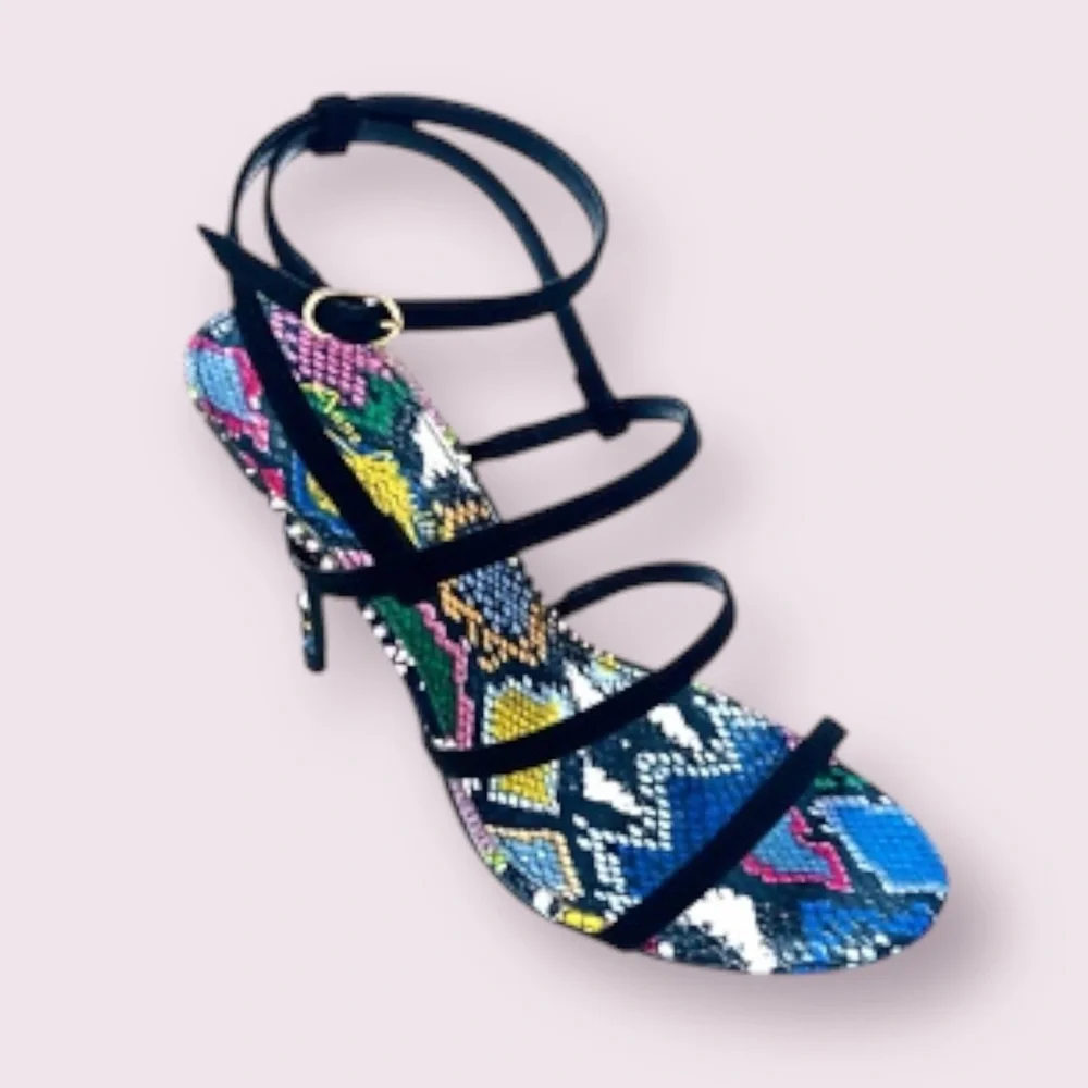 Anne Michelle Black Ankle Strap Snakeskin Heels