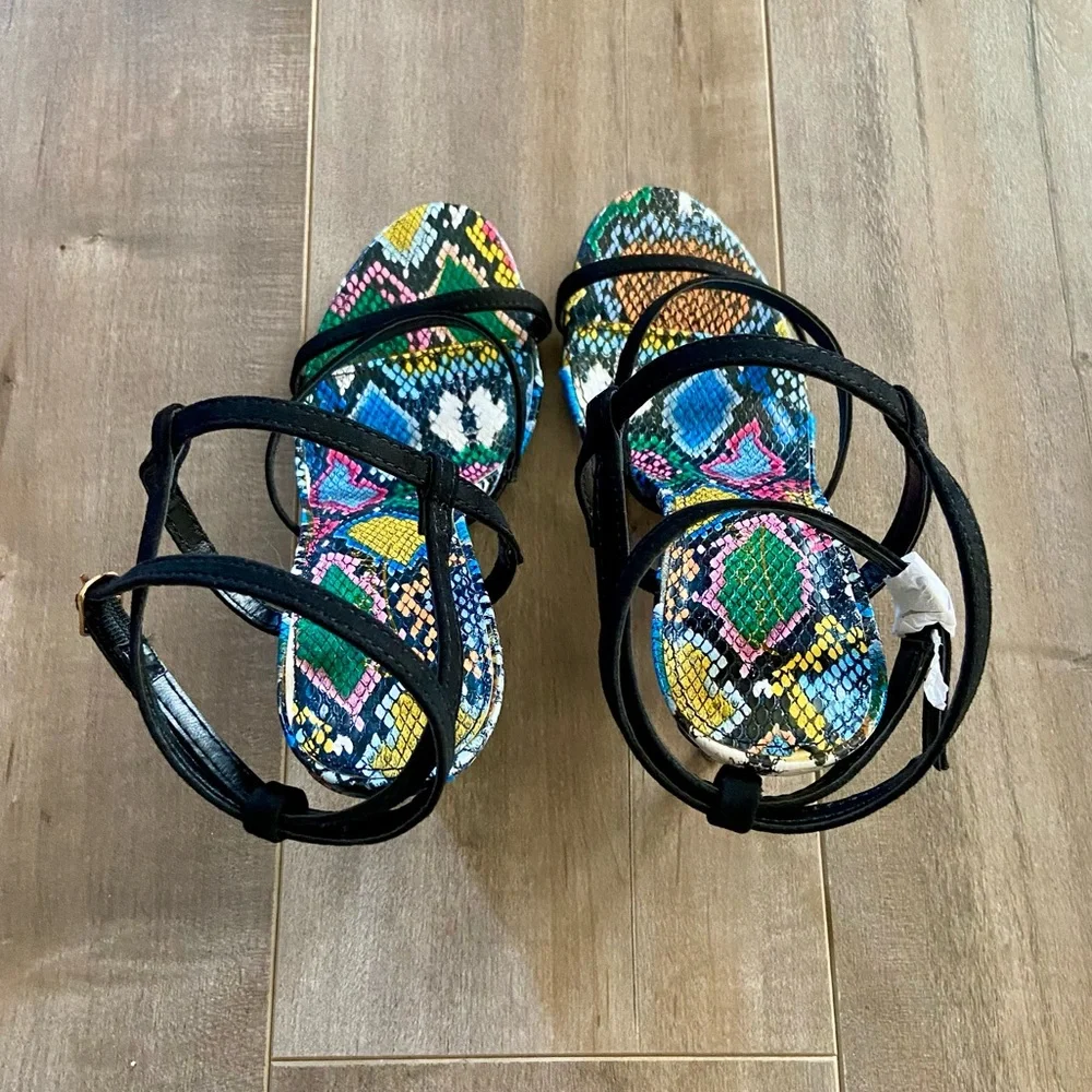 Anne Michelle Black Ankle Strap Snakeskin Heels