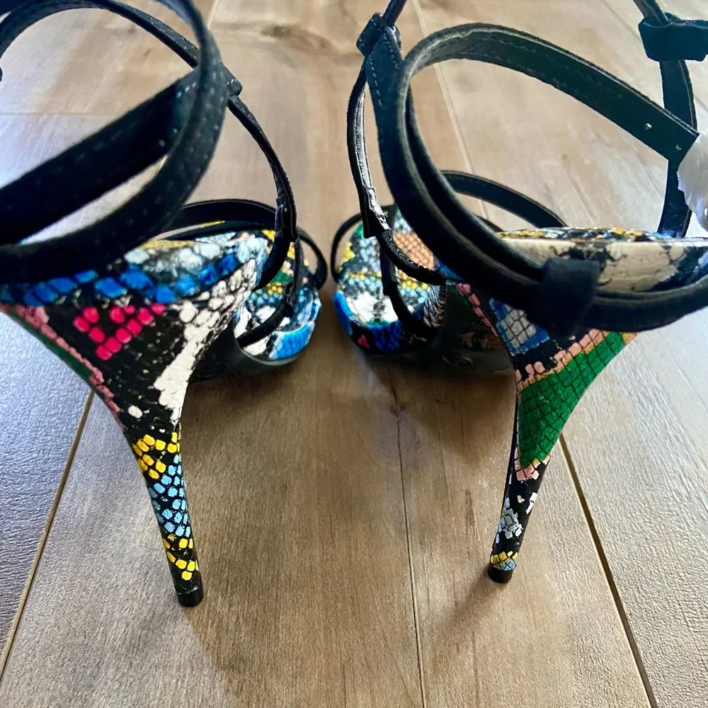 Anne Michelle Black Ankle Strap Snakeskin Heels