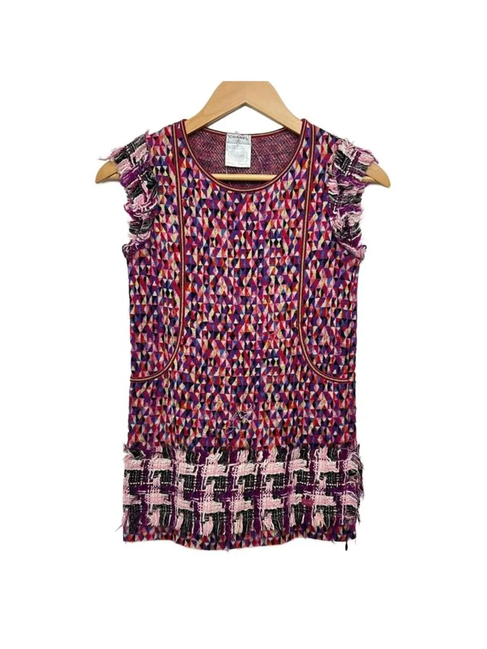 Chanel Tunic 38 M Pink Black Multi Crew Neck Sleeveless Cashmere Blend Knit