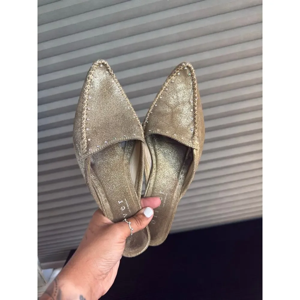 Oliver Addie Khaki Metallic Gold Leather Kitten Heel Mules Size 8 Pointed Toe